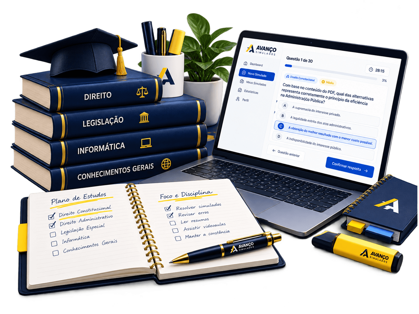 Livros, plano de estudos e notebook com o Avanço Simulados